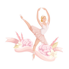 Classic dance of princess swan by ballerina vector illustration. Cartoon isolated little girl dancing fairy ballet among flowers and pink ribbon, pretty prima ballerina in pointes, tutu and crown © setory