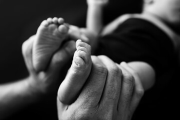 Black white shade beautiful shape hands of mother, hold tiny newborn baby feet 