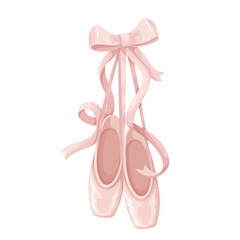 Ballet shoes hang on silk ribbon with bow vector illustration. Cartoon isolated pointes of ballerina hanging on wall, female pink ballet slippers for classic elegant dance, girly pastel accessory - obrazy, fototapety, plakaty
