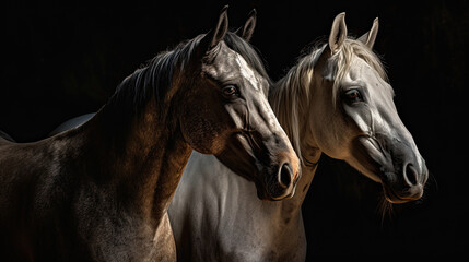 Obraz na płótnie Canvas Two horse close up isolated on black background Generative AI