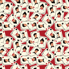 Bright vibrant pattern with Playing cards with Jack and Queen of Spades.