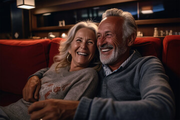happy Elderly man and woman are sitting on the sofa and watching a movie .Generative A  Generative AI