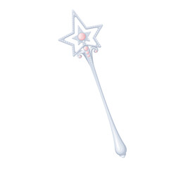Magic wand of fairy princess vector illustration. Cartoon isolated silver wizard stick with handle for hand and star with precious pink gems, magic jewelry for Halloween carnival and birthday party