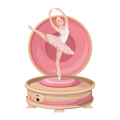 Music box with dancing ballerina vector illustration. Cartoon isolated antique clockwork box with metal heart key and cute ballet dancer doll in tutu dress and pointe shoes, jewellery sound casket © setory