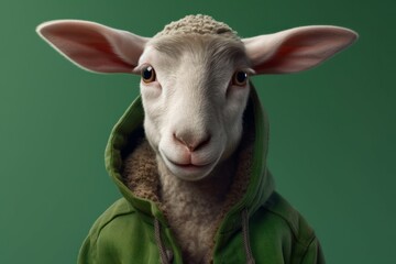 Anthropomorphic baby sheep dressed in human clothing. Humanized animal concept. AI generated, human enhanced