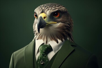 Anthropomorphic falcon dressed in a suit like a businessman. Business Concept. AI generated, human enhanced.