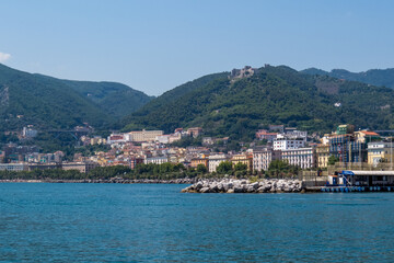 Panoramic view of the city of Salerno from a boat, Italy