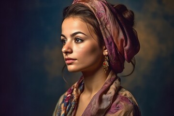 Naklejka na ściany i meble Portrait of a young pretty Arab woman in a veil. AI generated, human enhanced