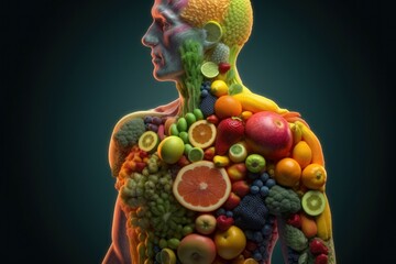 Silhouette of a man from fruits and vegetables. Energy concept for vegetarians. AI generated, human enhanced