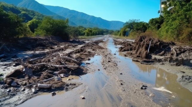 road destroyed by lines and landslides and mudflows. natural disaster and environmental disaster. Generative AI