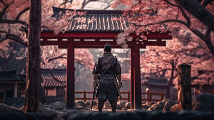 Fototapeta na wymiar Samurai Warrior Amidst Blossoming Sakura, Majestic Japanese Garden, Samurai Ninja Woman. Generative AI