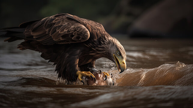 Bald eagle snatching a fish from water Generative AI