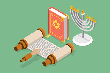3D Isometric Flat Vector Set of Jewish Religion Items, Judaism Culture