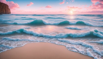 Fototapeta na wymiar Beautiful tropica wave summer sea. Close-up soft wave of the sea on the sandy beach. Generative Ai