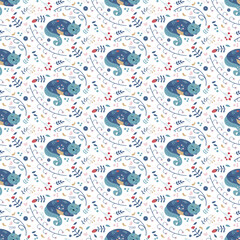 Cute sleeping cat. A pattern with a decorative plant plot of leaves and berries. Folk Scandinavian style. Seamless pattern. Vector. For fabric, clothes, home decor, covers and brochures.