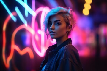 Portrait of a woman girl with neon lights