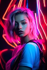 Naklejka na ściany i meble portrait of a woman with neon futuristic background