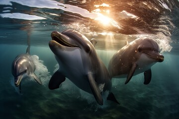 Fototapeta premium happy dolphins swimming on the ocean