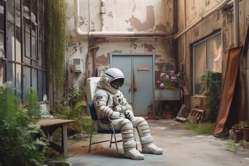 Astronaut in a ruined city background in post apocalypse style Generative AI