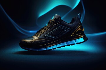 Trendy blue neon sneakers. Sports shoes with neon glow on a dark background. AI generation

