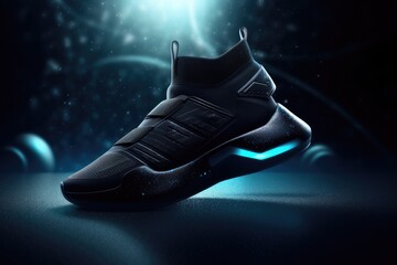 Trendy blue neon sneakers. Sports shoes with neon glow on a dark background. AI generation

