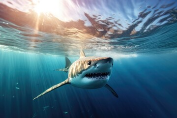 Fototapeta premium Big angry White shark in the ocean Generative AI