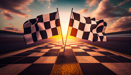 Fototapeta Panoramic view of abstract race Ring with checkered finish flags Generative AI obraz