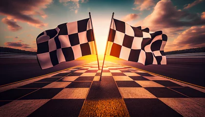 Foto op Aluminium Panoramic view of abstract race Ring with checkered finish flags Generative AI © PaulShlykov