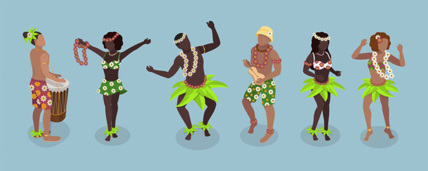 3D Isometric Flat Vector Set of Hawaiian Dancers, Characters in Polynesian Costume