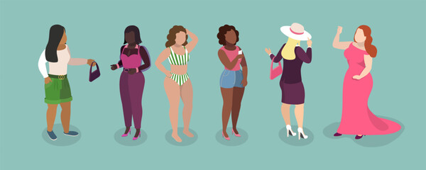 3D Isometric Flat Vector Set of Plus Size Style Girls, Pretty Plump Women with Curvy Figures