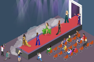 3D Isometric Flat Vector Conceptual Illustration of Fashion Show, Runway Stage with Walking Models