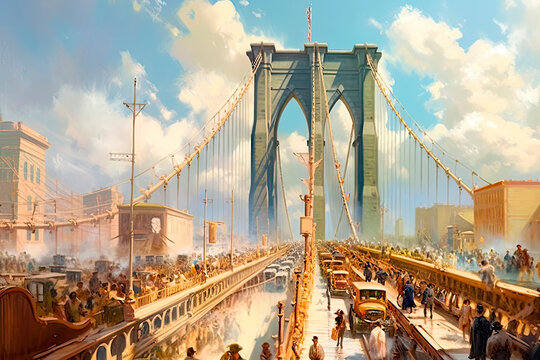 Impressionist painting of pedestrians and cars on the Brooklyn Bridge in the early 1900s - Generative AI