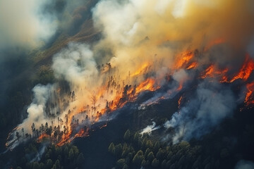 Fototapeta na wymiar Forest fire, aerial view. AI generated image.
