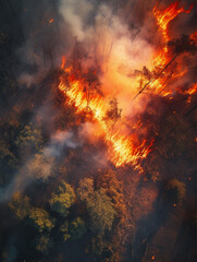 Forest fire, aerial view. AI generated image.
