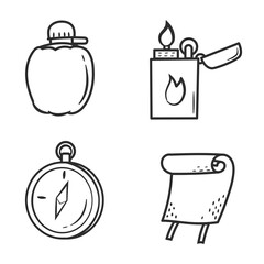 Camping vector line art doodle cartoon set of objects and symbols