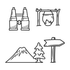 Camping vector line art doodle cartoon set of objects and symbols
