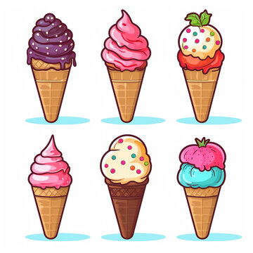 Set of 6 various ice cream cones icon flat vector art isolated on white background. Minimal cartoon with solid color and bold outline art style. Digital illustration generative AI.