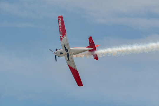 Pilatus PC-7 airplane over the rhine valley in Switzerland 20.5.2023