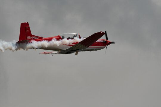Pilatus PC-7 airplane over the rhine valley in Switzerland 20.5.2023