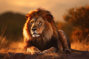Lion in the sunset in the wilderness in Africa, made with generative ai