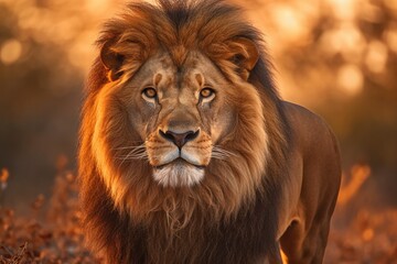 Obraz premium Lion in the sunset in the wilderness in Africa, made with generative ai