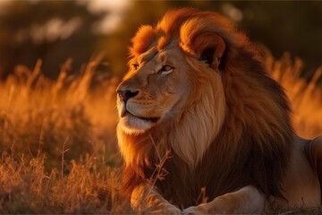 Naklejka premium Lion in the sunset in the wilderness in Africa, made with generative ai