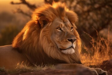 Obraz na płótnie Canvas Lion in the sunset in the wilderness in Africa, made with generative ai
