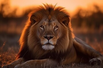 Fototapeta premium Lion in the sunset in the wilderness in Africa, made with generative ai