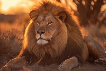 Fototapeta premium Lion in the sunset in the wilderness in Africa, made with generative ai