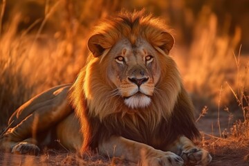 Fototapeta premium Lion in the sunset in the wilderness in Africa, made with generative ai