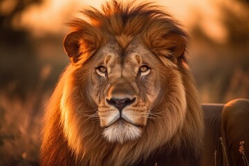 Lion in the sunset in the wilderness in Africa, made with generative ai