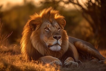 Fototapeta premium Lion in the sunset in the wilderness in Africa, made with generative ai
