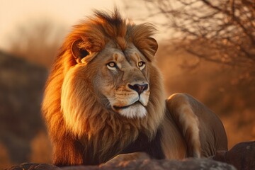 Lion in the sunset in the wilderness in Africa, made with generative ai