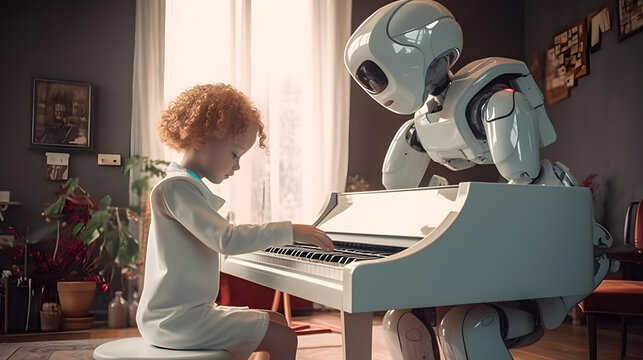 AI Robot Humanoid Teaching Young Children Music Piano, Robot Piano Teacher, Interactive Learning with Robot AI, Robot Friend, Future Classroom, Futuristic Music Lesson